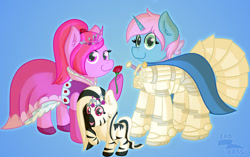 Size: 1024x645 | Tagged: safe, artist:exobass, derpibooru import, oc, unicorn, zebra, fallout equestria, armor, bow, cape, clothes, diadem, dress, flower, horn, looking at you, power armor, rose, unicorn oc, zebra oc