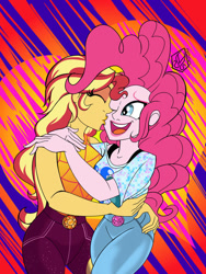 Size: 774x1032 | Tagged: safe, artist:malevolentsamson, derpibooru import, pinkie pie, sunset shimmer, equestria girls, duo, duo female, female, holiday, kiss on the cheek, kissing, lesbian, shipping, sunsetpie, valentine's day