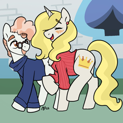 Size: 1000x1000 | Tagged: safe, artist:/d/non, derpibooru import, svengallop, earth pony, pony, unicorn, 2022, blonde, blonde hair, blushing, brother and sister, chest fluff, clothes, crownpiece, duo, ear piercing, female, glasses, male, piercing, pinkie pie steps up, siblings, smiling, sweater, white fur