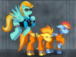 Size: 1920x1426 | Tagged: safe, artist:rick-elfen, derpibooru import, lightning dust, rainbow dash, spitfire, pegasus, pony, bound wings, cell, chains, clothes, commission, cuffed, cuffs, female, grumpy, mare, never doubt rainbowdash69's involvement, police uniform, prison outfit, prisoner rd, smiling, smirk, trio, trio female, wings