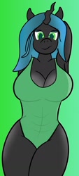 Size: 846x1878 | Tagged: safe, artist:regalmeut, derpibooru import, queen chrysalis, anthro, changeling, arm behind head, big breasts, breasts, cleavage, clothes, female, one-piece swimsuit, queen chrysaltits, solo, swimsuit