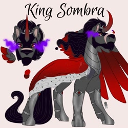 Size: 2000x2000 | Tagged: safe, artist:teonnakatztkgs, derpibooru import, king sombra, alicorn, pony, alicornified, bust, cloak, clothes, curved horn, duo, floating wings, horn, male, race swap, scar, stallion, story included, wings