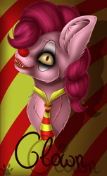 Size: 1910x3138 | Tagged: safe, artist:maneblue, derpibooru import, pinkie pie, earth pony, pony, abstract background, bust, clown, ear fluff, ears, female, lipstick, mare, necktie, paw prints, sharp teeth, solo, teeth
