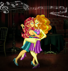 Size: 2196x2320 | Tagged: safe, artist:ponymaan, derpibooru import, adagio dazzle, sunset shimmer, equestria girls, backless, bare shoulders, dancing, duo, female, high heels, lesbian, music notes, shipping, shoes, sleeveless, sunsagio, tango