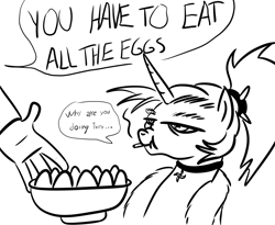 Size: 1000x820 | Tagged: safe, artist:velgarn, derpibooru import, oc, oc only, oc:dyx, alicorn, human, pony, 4chan, bathrobe, black and white, bowl, choker, cigarette, clothes, egg (food), food, grayscale, lidded eyes, meme, monochrome, offscreen character, older dyx, robe, scrunchy face, simple background, smoking, this will end in colic, white background, you have to eat all the eggs