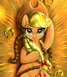 Size: 1982x2270 | Tagged: safe, artist:darksly, derpibooru import, applejack, earth pony, pony, alternate hairstyle, applejack's hat, belly button, blonde, blonde mane, blonde tail, body pillow, braid, clothes, cowboy hat, cute, female, freckles, green eyes, hat, hay, horseshoes, jackabetes, looking at you, lying down, mare, on back, rope, smiling, smiling at you, solo