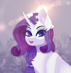 Size: 2092x2160 | Tagged: safe, artist:elektra-gertly, derpibooru import, rarity, pony, unicorn, alternate hairstyle, chest fluff, flower, flower in hair, happy, open mouth, solo