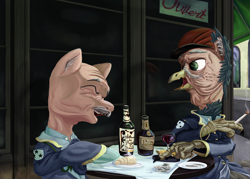 Size: 2700x1929 | Tagged: safe, artist:aaronmk, derpibooru import, griffon, equestria at war mod, alcohol, amputee, aquelia, bottle, bread, cafe, clothes, digital painting, food, glasses, hat, male, sandwich, smoking, stallion, table, uniform, wine