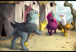 Size: 4100x2800 | Tagged: safe, artist:nsfwbonbon, derpibooru import, fizzlepop berrytwist, gabby, gilda, tempest shadow, griffon, pony, unicorn, belly, big belly, butt, female, griffonstone, huge belly, impossibly large belly, mare, plot, pregnant, waving