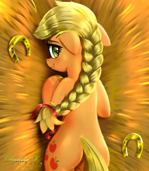 Size: 1915x2193 | Tagged: safe, artist:darksly, derpibooru import, applejack, earth pony, pony, alternate hairstyle, blonde, blonde mane, blonde tail, blushing, body pillow, braid, butt, cute, ears, female, floppy ears, green eyes, hay, horseshoes, jackabetes, looking at you, looking back, looking back at you, looking over shoulder, lying down, mare, plot, prone, smiling, smiling at you, solo