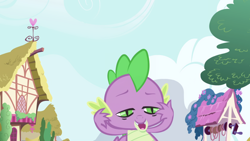 Size: 1920x1080 | Tagged: safe, derpibooru import, screencap, spike, dragon, friendship is magic, season 1, day, lidded eyes, mid-blink screencap, open mouth, outdoors, ponyville, reaction, solo