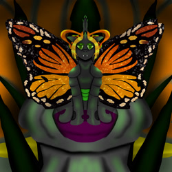 Size: 2000x2000 | Tagged: safe, artist:saint boniface, derpibooru import, butterfly, changeling, changeling queen, female, green changeling, mare, monarch butterfly, sitting, solo, throne