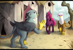 Size: 4100x2800 | Tagged: safe, artist:nsfwbonbon, derpibooru import, edit, fizzlepop berrytwist, gabby, gilda, tempest shadow, griffon, pony, unicorn, broken horn, claws, eye scar, female, frown, griffonstone, horn, looking at each other, mare, open beak, open mouth, open smile, scar, smiling, tail, trio, waving, wings