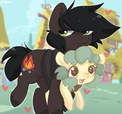 Size: 1590x1483 | Tagged: safe, artist:mushy, derpibooru import, oc, oc only, oc:lister, oc:pea, pony, baby carrier, cutie mark, duo, father and child, father and daughter, female, filly, foal, happy, heart, male, parent and child, ponyville, stallion, walking