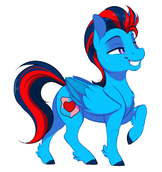 Size: 1178x1250 | Tagged: safe, artist:denny vixie, derpibooru import, oc, oc only, oc:andrew swiftwing, pegasus, pony, commission, confident, cutie mark, grin, male, raised hoof, raised leg, simple background, smiling, solo, stallion, transparent background