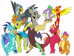 Size: 6000x4500 | Tagged: safe, artist:chub-wub, derpibooru import, big macintosh, discord, gabby, peewee, princess ember, smolder, spike, thorax, changedling, changeling, draconequus, dragon, earth pony, griffon, phoenix, pony, absurd resolution, crossed arms, dragon wings, eyebrows, eyebrows visible through hair, eyes closed, female, grin, group, hand on chest, hand on hip, holding a dragon, male, open mouth, open smile, simple background, smiling, spike day, spread wings, stallion, unshorn fetlocks, white background, winged spike, wings