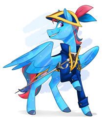 Size: 2408x2700 | Tagged: safe, artist:luximus17, derpibooru import, oc, oc only, oc:andrew swiftwing, oc:swift sail, crystal pony, pegasus, pony, alternate universe, clothes, coat, fantasy class, feather, hat, raised hoof, raised leg, rapier, solo, sword, weapon, wings