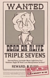 Size: 1329x2047 | Tagged: safe, artist:triplesevens, derpibooru import, oc, oc only, oc:triple sevens, unicorn, monochrome, solo, text, wanted poster