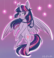 Size: 2500x2700 | Tagged: safe, artist:silbersternenlicht, derpibooru import, twilight sparkle, twilight sparkle (alicorn), alicorn, pony, blushing, eyebrows, eyebrows visible through hair, female, gradient background, high res, mare, smiling, solo, spread wings, stars, wings