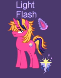 Size: 985x1263 | Tagged: safe, derpibooru import, oc, pony, unicorn, male, next generation, offspring, parent:flash sentry, parent:twilight sparkle, parents:flashlight, purple background, simple background