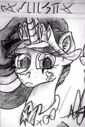 Size: 3006x4453 | Tagged: safe, artist:aldairsparkle, derpibooru import, oc, oc:twilight, alicorn, pegasus, pony, unicorn, all'swork studios, pencil, pencil drawing, photo, serious, serious face, solo, spoilers for another series, traditional art, twilight queen, unknown language