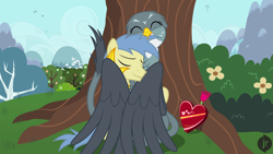 Size: 1920x1080 | Tagged: safe, artist:facelessjr, derpibooru import, gabby, goldengrape, sir colton vines iii, bird, griffon, pony, background pony, balloon, box of chocolates, chest fluff, comfy, cute, female, flower, forest, grooming, hearts and hooves day, hot air balloon, hug, interspecies, male, mountain, nature, preening, rose, shipping, smiling, stallion, straight, tree, waterfall, winghug, wings