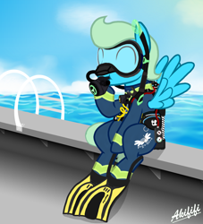 Size: 4000x4400 | Tagged: safe, artist:akififi, derpibooru import, oc, oc:sea glow, pegasus, pony, air tank, boat, flippers, happy, ocean, scuba, scuba diving, scuba mask, sitting, solo, water, wetsuit