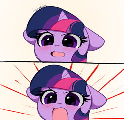 Size: 4704x4580 | Tagged: safe, artist:kittyrosie, derpibooru import, twilight sparkle, unicorn twilight, pony, unicorn, absurd resolution, angry dog noises, anime style, blushing, cute, cute little fangs, ears, fangs, floppy ears, meme, open mouth, solo, twiabetes