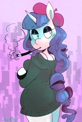 Size: 1580x2351 | Tagged: safe, artist:urbanqhoul, derpibooru import, rarity, anthro, unicorn, beatnik rarity, beret, cigarette, clothes, female, hat, solo, sweater