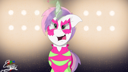 Size: 5120x2880 | Tagged: safe, artist:engi, derpibooru import, sweetie belle, pony, unicorn, season 1, the show stoppers, clothes, colored pupils, concert, determined, female, horn, looking at you, magic, makeup, performance, show stopper outfits, singing, solo, stage light