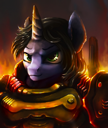 Size: 1181x1394 | Tagged: safe, artist:stdeadra, derpibooru import, oc, oc:shainer shrapnel shock, pony, unicorn, armor, bust, crossover, doom, doomguy, fire, gun, nudity, portrait, science fiction, solo, weapon