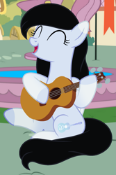 Size: 1205x1809 | Tagged: safe, artist:cindydreamlight, derpibooru import, oc, oc:lucy ghost, pegasus, pony, female, guitar, mare, musical instrument, solo