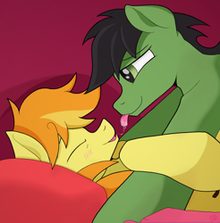 Size: 2160x2193 | Tagged: safe, artist:sefastpone, derpibooru import, braeburn, oc, oc:anon stallion, earth pony, bed, blushing, canon x oc, digital art, drool, drool string, gay, male, pillow, shipping, tongue, tongue out