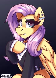 Size: 1600x2200 | Tagged: safe, artist:shadowreindeer, derpibooru import, fluttershy, pegasus, pony, fake it 'til you make it, clothes, ear fluff, ear piercing, ears, eyebrows, eyelashes, eyeshadow, female, fluttergoth, folded wings, looking at you, makeup, piercing, remake, shirt, signature, sitting, solo, wings
