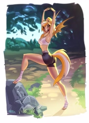 Size: 2977x4096 | Tagged: safe, artist:holivi, derpibooru import, oc, anthro, bat pony, unguligrade anthro, anthro oc, bat pony oc, clothes, female, looking at you, mare, midriff, outdoors, shorts, side view, solo, sports bra, sports shorts, stretching