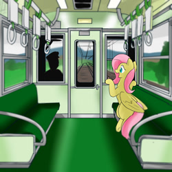 Size: 1000x1000 | Tagged: safe, artist:kushina13, derpibooru import, fluttershy, pegasus, pony, female, mare, silhouette, sitting, solo, train