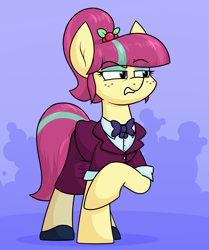 Size: 1474x1762 | Tagged: safe, artist:moonatik, derpibooru import, sour sweet, earth pony, pony, abstract background, bowtie, cherry, clothes, crystal prep academy uniform, equestria girls ponified, eyeshadow, female, food, freckles, makeup, mare, ponified, school uniform, shirt, shoes, solo, sour sweet is not amused, tights, unamused