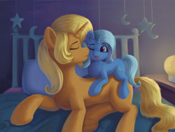 Size: 4724x3543 | Tagged: safe, artist:lin feng, derpibooru import, sunflower spectacle, trixie, pony, unicorn, bed, cute, duo, eyes closed, female, filly, filly trixie, foal, kiss on the cheek, kissing, lying down, lying on bed, lying on top of someone, mare, mother and child, mother and daughter, night, on bed, one eye closed, parent and child, prone, younger