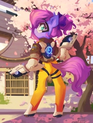 Size: 1560x2048 | Tagged: safe, alternate version, artist:saxopi, derpibooru import, oc, oc only, pony, semi-anthro, butt, cherry blossoms, cherry tree, clothes, colored pupils, cosplay, costume, crossover, female, flower, flower blossom, futuristic, goggles, gun, hoof shoes, leg strap, looking at you, looking back, looking back at you, oc name needed, overwatch, plot, ponified, purple mane, purple tail, rear view, solo, tail, teal eyes, tracer, tree, video game crossover, weapon