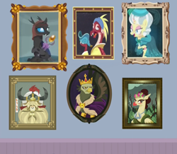 Size: 1280x1116 | Tagged: safe, artist:fhoenox, derpibooru import, clover the clever, king grover, changeling, dragon, griffon, hippogriff, pony, yak, amulet, amulet of aurora, aurora, aurora (character), cloak, clothes, clover the clever's cloak, crown, crown of grover, grover, helm, helm of yickslur, helmet, jewelry, knuckerbocker, knuckerbocker's shell, lore, mare antoinette, mirage, mirage (character), pictures, pictures on the wall, plushie, regalia, royalty, school of friendship, shell, talisman, talisman of mirage, yickslur