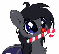 Size: 700x642 | Tagged: artist needed, safe, derpibooru import, oc, oc only, oc:midnight blitz, bat pony, pony, bat pony oc, blushing, bust, candy, candy cane, cheek fluff, chest fluff, cute, fangs, food, heart eyes, mouth hold, ocbetes, simple background, solo, transparent background, wingding eyes