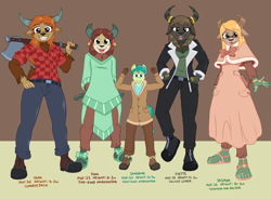 Size: 1418x1044 | Tagged: safe, artist:caroo, derpibooru import, sandbar, yona, oc, oc:yana, oc:yasmin, oc:yvette, anthro, earth pony, plantigrade anthro, yak, axe, boots, bracelet, breasts, cleavage, clothes, dress, flannel shirt, jacket, jeans, jewelry, pants, ring, sandals, shoes, size comparison, size difference, toe ring, weapon, yak oc