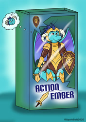 Size: 1024x1449 | Tagged: safe, artist:sparkbolt3020, derpibooru import, princess ember, dragon, action figure, armor, box, commission, confused, helmet, inanimate tf, shield, sword, thought bubble, transformation, transformation sequence, weapon