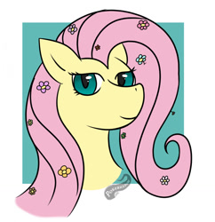 Size: 1239x1280 | Tagged: safe, artist:pokeshadow, derpibooru import, fluttershy, pony, bust, fanart, flower, flower in hair, green background, head shot, looking at you, portrait, simple background, smiling, white background