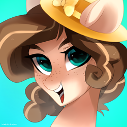 Size: 1700x1700 | Tagged: safe, artist:zlatavector, derpibooru import, oc, oc only, oc:celia montigre, earth pony, pony, bow, commission, female, freckles, hat, icon, looking at you, mare, smiling, smiling at you