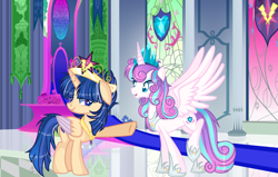 Size: 2932x1864 | Tagged: safe, artist:yulianapie26, derpibooru import, princess flurry heart, oc, alicorn, pony, alicorn oc, base used, big crown thingy, cousins, crown, duo, element of magic, female, hoof shoes, horn, indoors, jewelry, mare, offspring, older, older flurry heart, parent:flash sentry, parent:twilight sparkle, parents:flashlight, raised hoof, raised leg, regalia, underhoof, wings