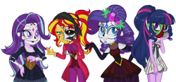 Size: 2144x991 | Tagged: safe, artist:yulianapie26, derpibooru import, rarity, starlight glimmer, sunset shimmer, twilight sparkle, equestria girls, bare shoulders, base used, clothes, costume, dia de los muertos, face paint, female, simple background, sleeveless, smiling, transparent background