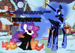 Size: 1600x1130 | Tagged: safe, artist:galeemlightseraphim, derpibooru import, nightmare moon, oc, oc:galeem light, pegasus, pony, base used, black sclera, building, chest fluff, dialogue, ethereal mane, galaxy mane, helmet, hoof shoes, outdoors, pegasus oc, peytral, snow