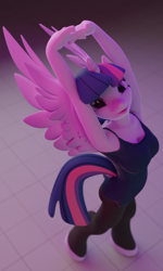 Size: 598x1000 | Tagged: safe, artist:moonbucket, derpibooru import, twilight sparkle, twilight sparkle (alicorn), alicorn, anthro, pony, unguligrade anthro, 3d, blender, blender cycles, breasts, clothes, female, pose, solo, stretching, workout, workout outfit