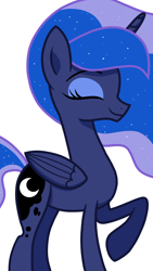 Size: 1080x1920 | Tagged: safe, artist:sallyso, derpibooru import, princess luna, alicorn, pony, ethereal mane, eyelashes, eyes closed, female, mare, raised hoof, raised leg, simple background, solo, starry mane, white background